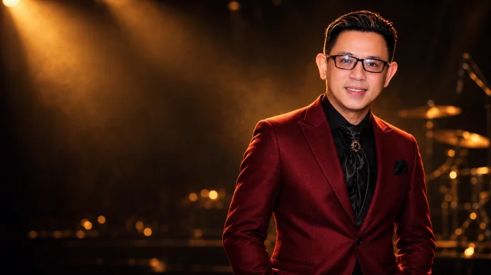 Thong Nguyen in a burgundy suit on a warmly lit stage