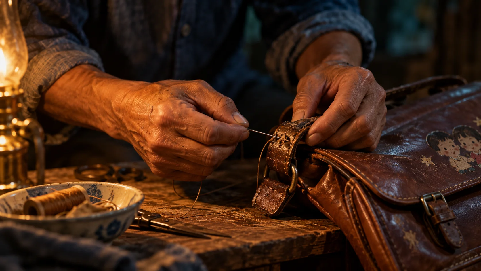 AI film scene of a father's weathered working hands
