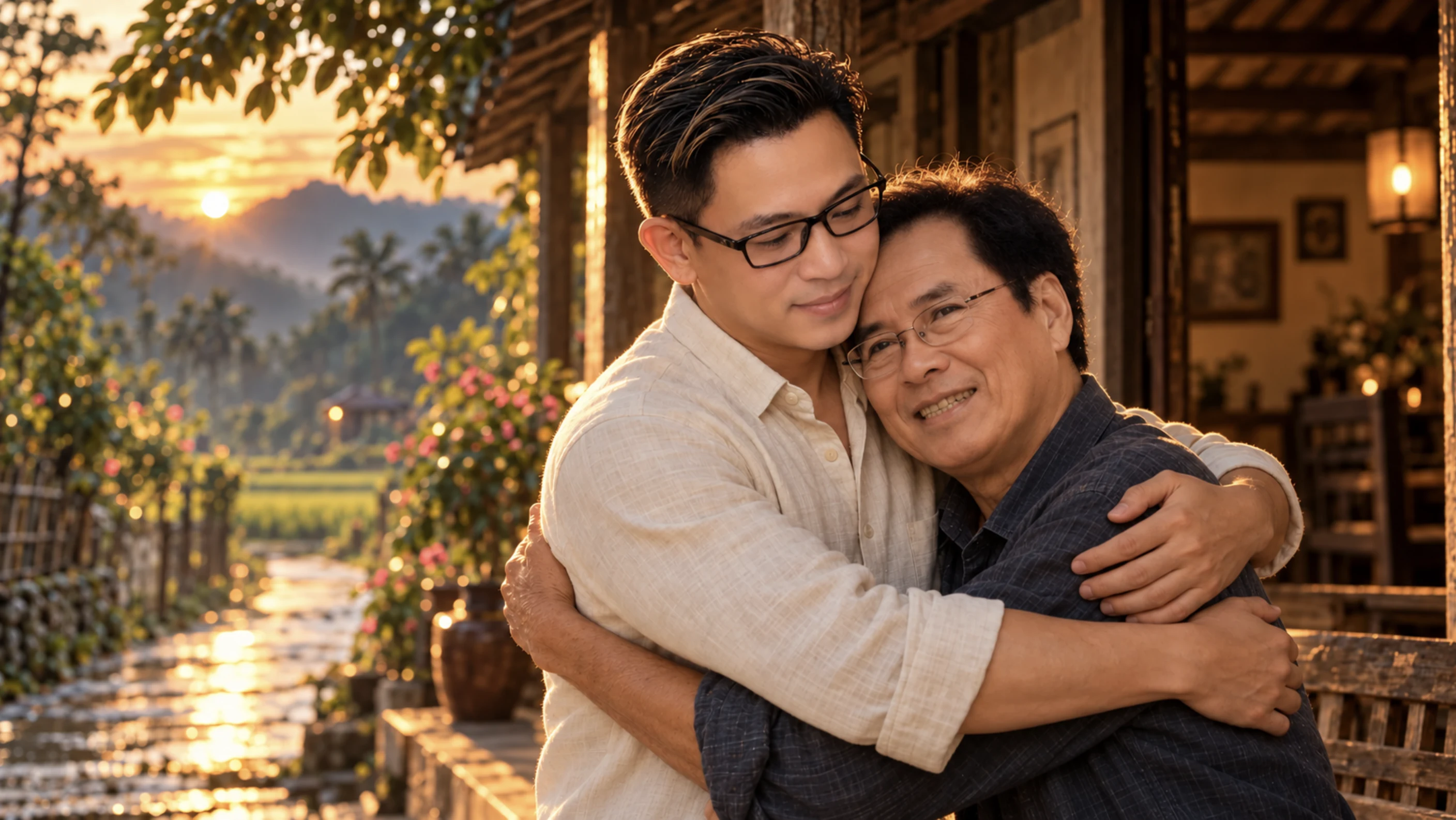 Thong Nguyen embracing his father, Ba Minh, in warm evening light